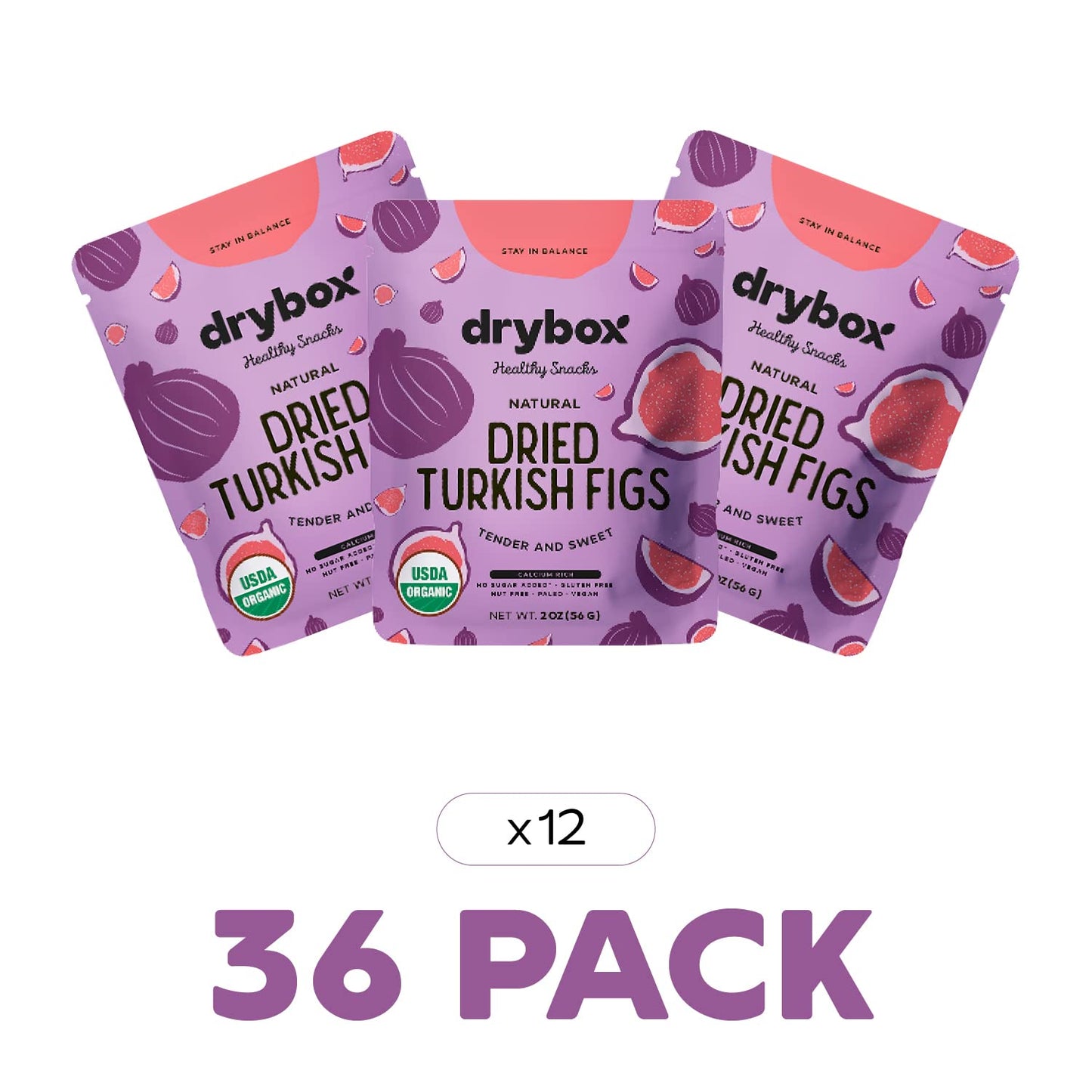 Drybox Dried Turkish Figs 36 Snack Packs Unsweetened Unsulfured Bulk Dry Figs | 2 oz per portion pack, Travel packs for school,