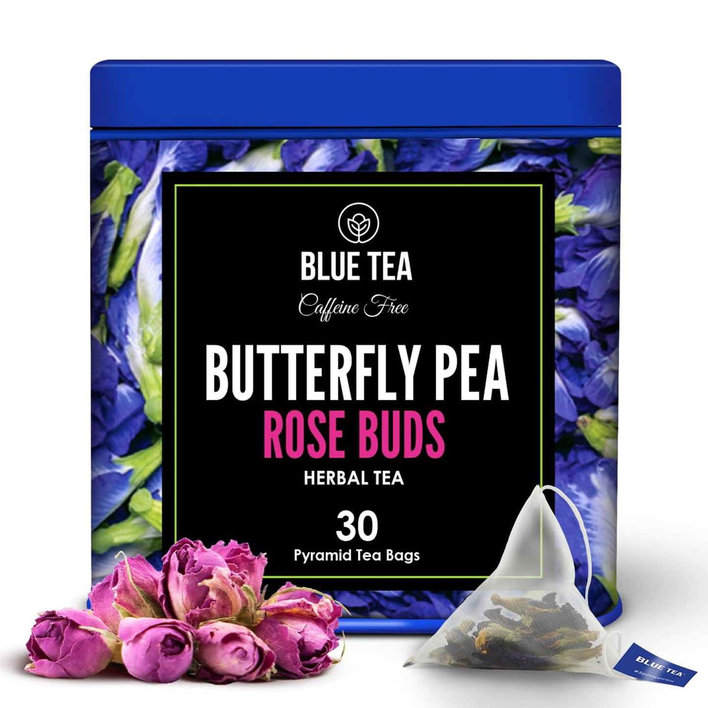 BLUE TEA Butterfly Pea Flower Tea Bags - 30 Count - Caffeine Free, Vegan, Gluten Free, Non-GMO, Tin Packaging