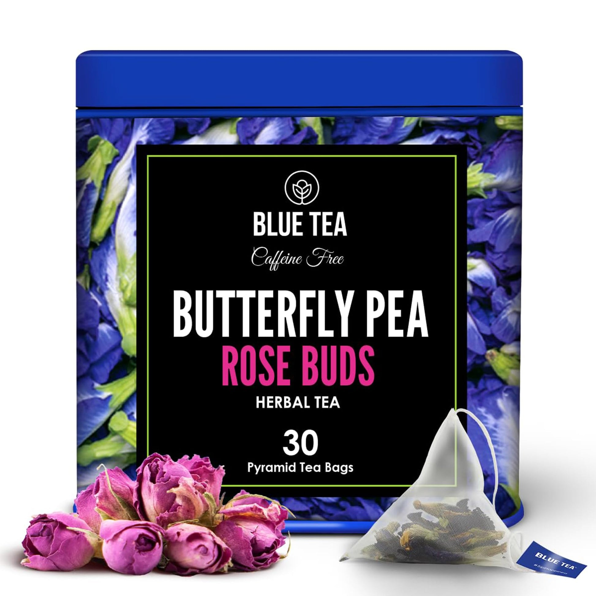 BLUE TEA Butterfly Pea Flower Tea Bags - 30 Count - Caffeine Free, Vegan, Gluten Free, Non-GMO, Tin Packaging