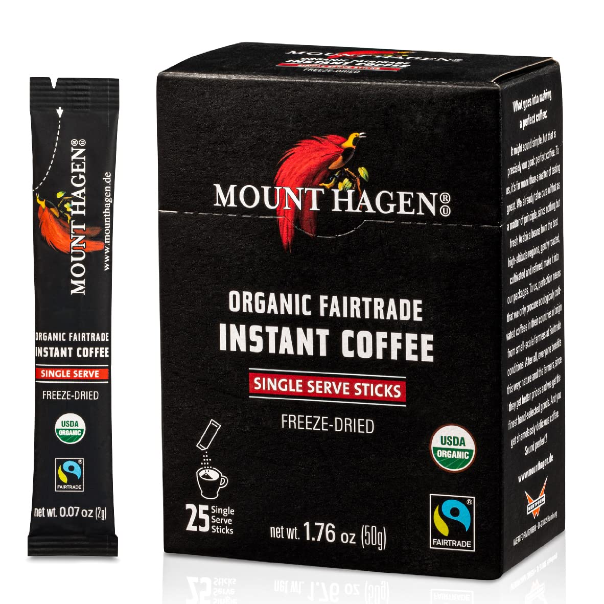 Mount Hagen 25 Count Single Serve Instant Coffee Packets | Organic Medium Roast Arabica Beans | Eco-friendly, Fair-Trade [25 sti