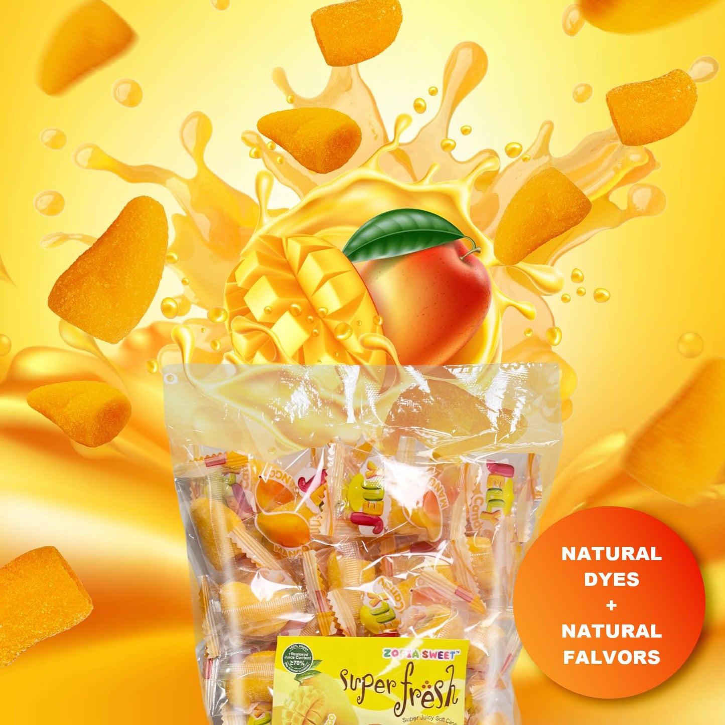 ZOFIA SWEET Natural Mango Flavored Gummy Candy Snack, Vegan, 1LB Pack, Orange