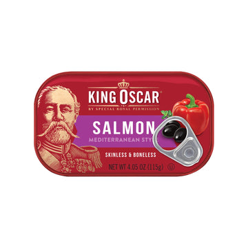 King Oscar Premium Salmon In Olive Oil, Mediterranean Style, 4.05-Ounce Cans (Pack Of 12, Packaging May Vary), Skinless & Bonele