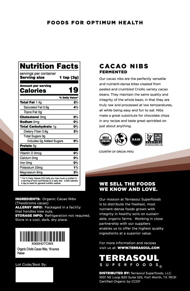 Terrasoul Superfoods Raw Organic Cacao Nibs, 16 Oz, Superfood Crunch for Smoothie Bowls, Nut Butter Spreads, Oatmeal and DIY Cho