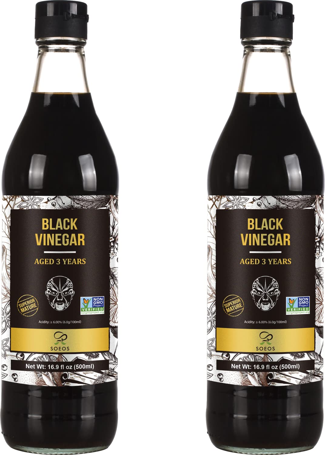 Soeos Chinkiang Vinegar, Chinese Black Vinegar, 16.9 fl oz (Pack of 2)