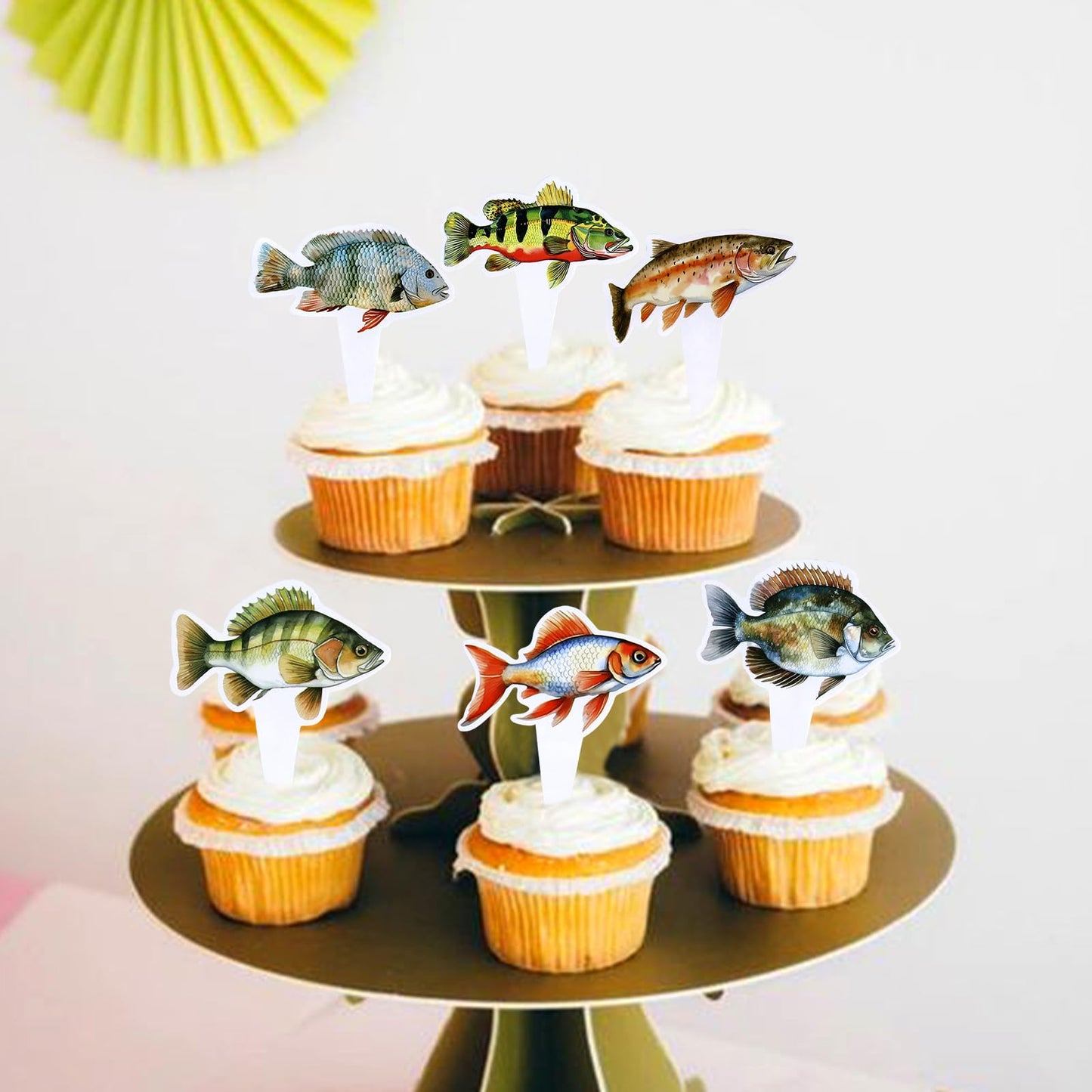 Cyodoos 24Pcs Fish Cupcake Toppers Go Fishing Theme Decorations Baby Shower Boys Girls Happy Birthday Party Tropical Party Cake