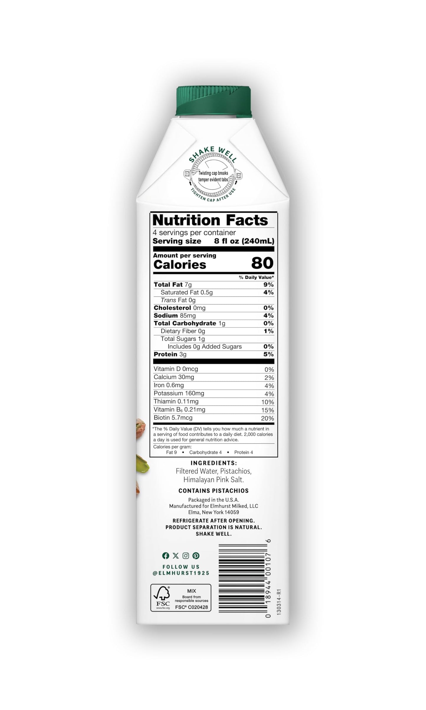 Elmhurst 1925 Pistachio Milk Unsweetened - 32 Ounce (Pack of 6) Dairy-Free, Gluten-Free, Vegan, Kosher, Shelf Stable Milk Made w