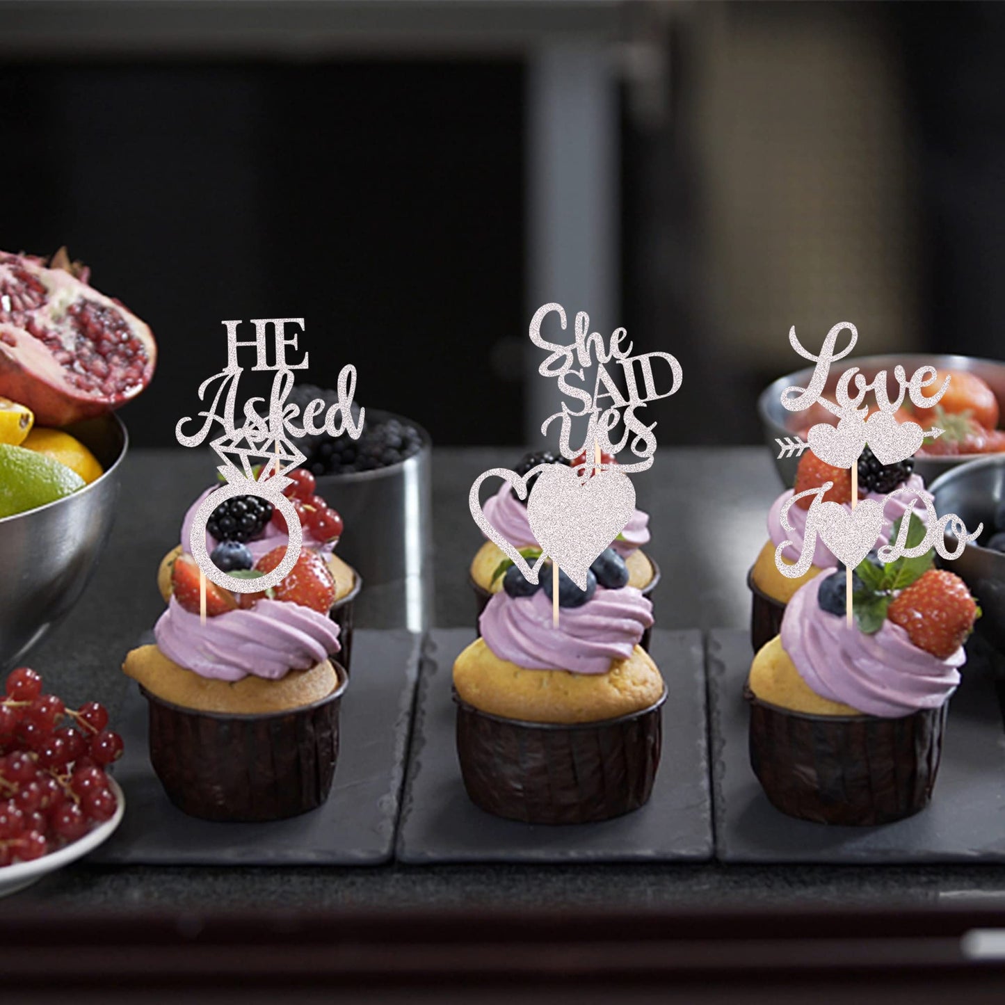 YCTHUNFISH Cupcake Toppers, 36 Pack Silver Glitter Love Heart I Do Ring Decorations for Wedding Engagement Bridal Shower
