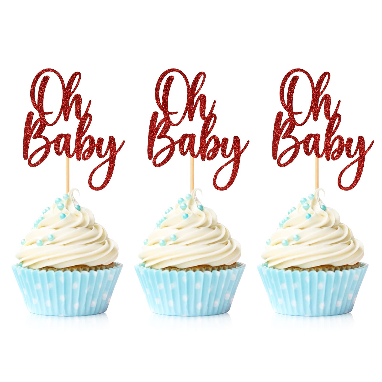 24 Pieces Oh Baby Cupcake Topper Red Glitter Baby Shower Cake Decorations Boys Girls Birthday Party Supplies