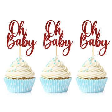 24 Pieces Oh Baby Cupcake Topper Red Glitter Baby Shower Cake Decorations Boys Girls Birthday Party Supplies