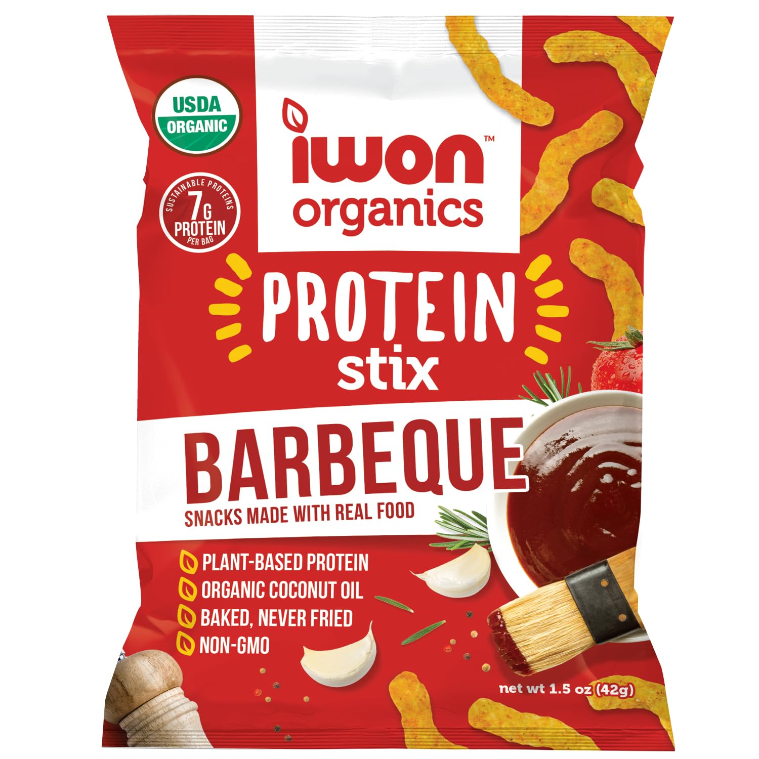 IWON Organics Mesquite BBQ Flavor Snack Stix, High Protein and Organic Healthy Snacks, 8 Bags, 1.5 Ounce