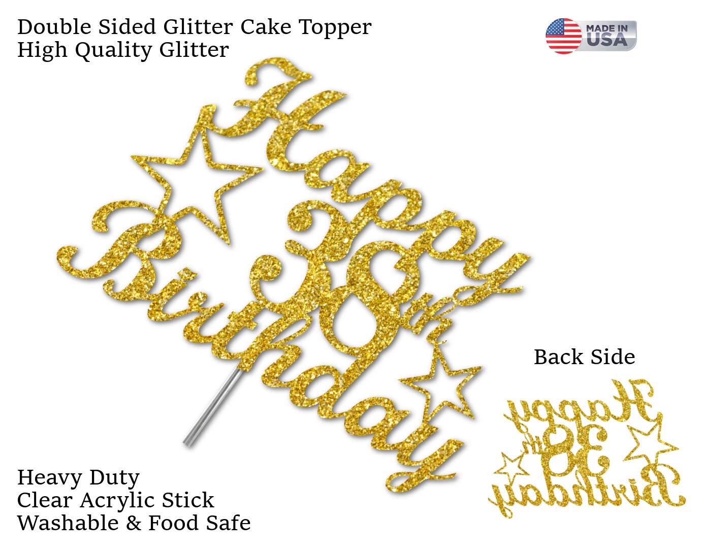 38 Birthday Cake Topper Gold Glitter, Party Decoration Ideas, Premium Quality, Sturdy Doubled Sided Glitter, Acrylic Stick. Made