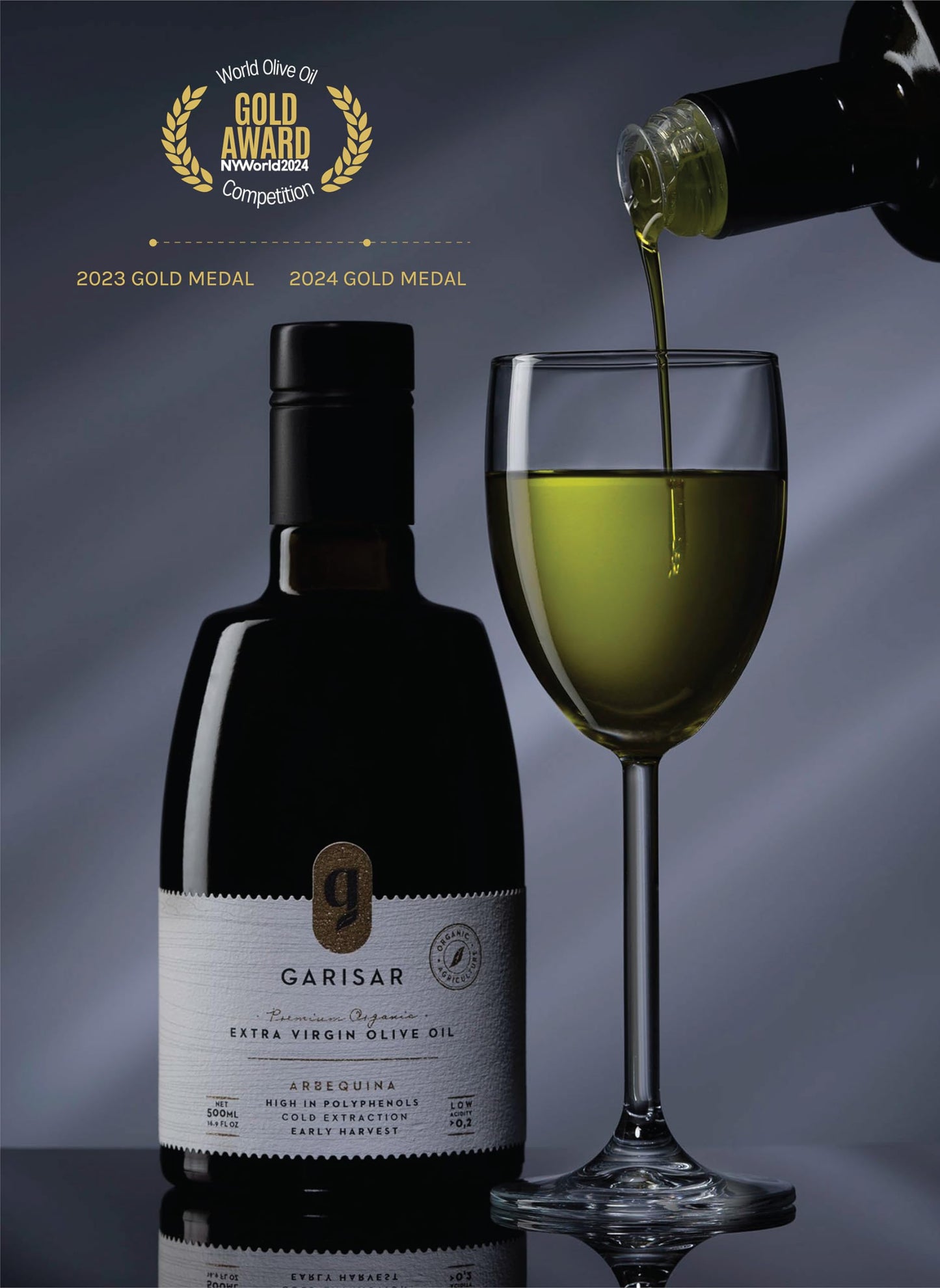 Garisar High In Polyphenol Premium Extra Virgin Olive Oil (>600 Ppm), Low Acidity (Max 0.2%), Nyiooc 2024 Gold Medal Winner, Org
