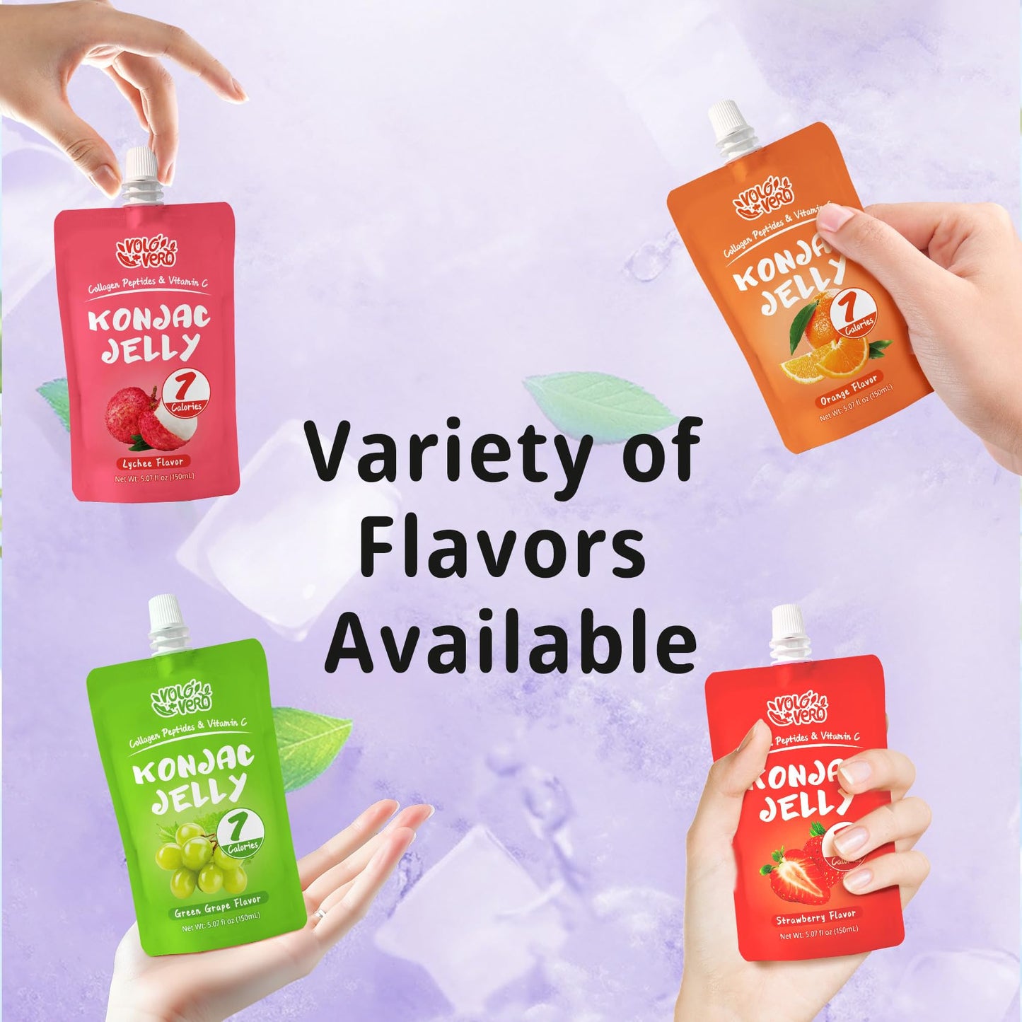 VOLO VERO Konjac Jelly Pouch Drinkable Variety Pack, 7 Calories, 10 Pack, 0 Sugar, Gluten Free, Keto, Collagen Peptides Healthy