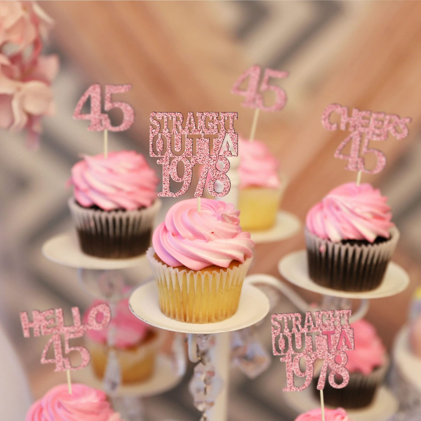 Gyufise 24Pcs Cheers To 45 Years Birthday Cupcake Toppers Glitter Forty-Five Straight Outta 1978 Cupcake Picks Happy 45Th Cake D