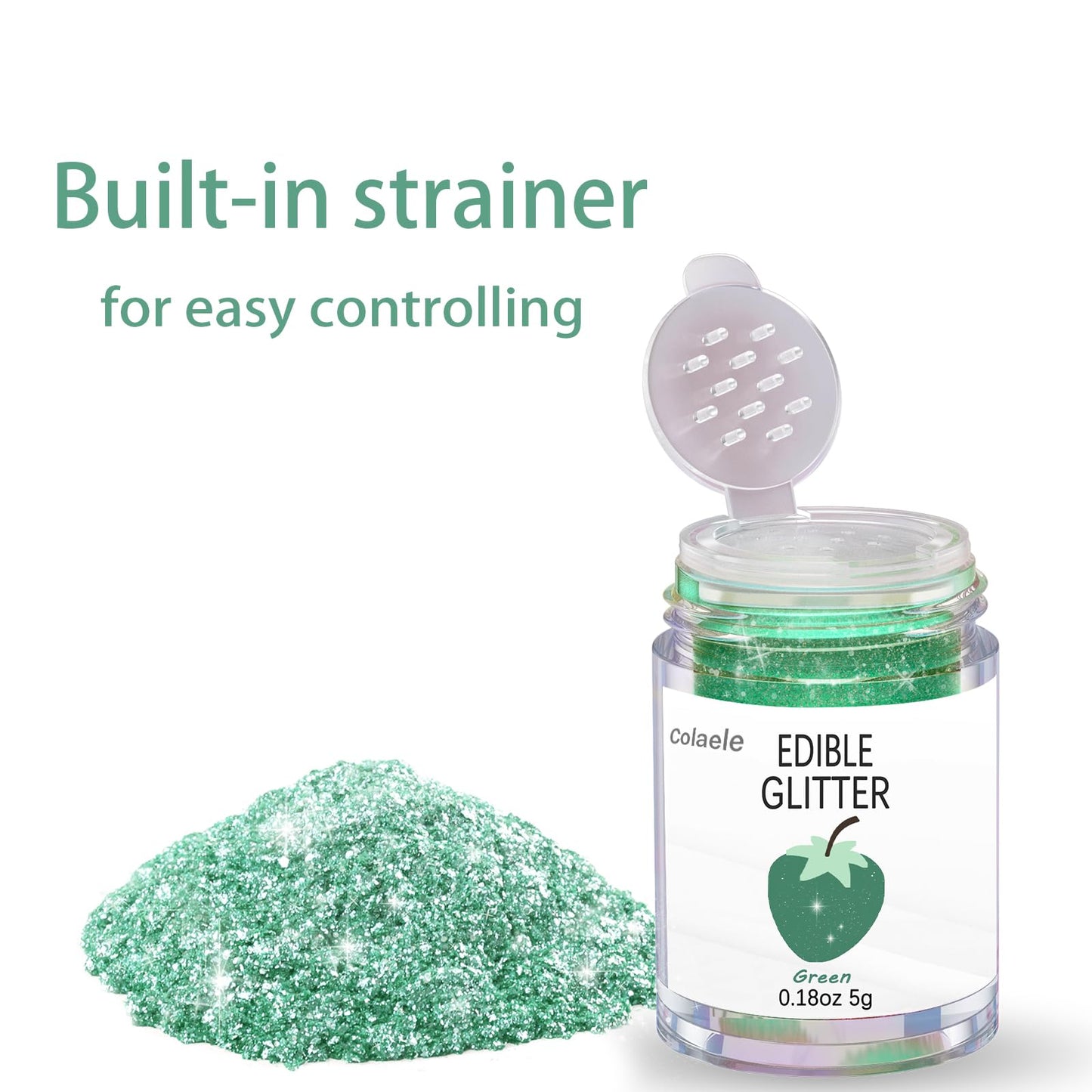 Colaele Green Edible Glitter Powder for Cakes & Drinks - 5g Food Grade Luster Dust, Metallic Sprinkle for Decorations