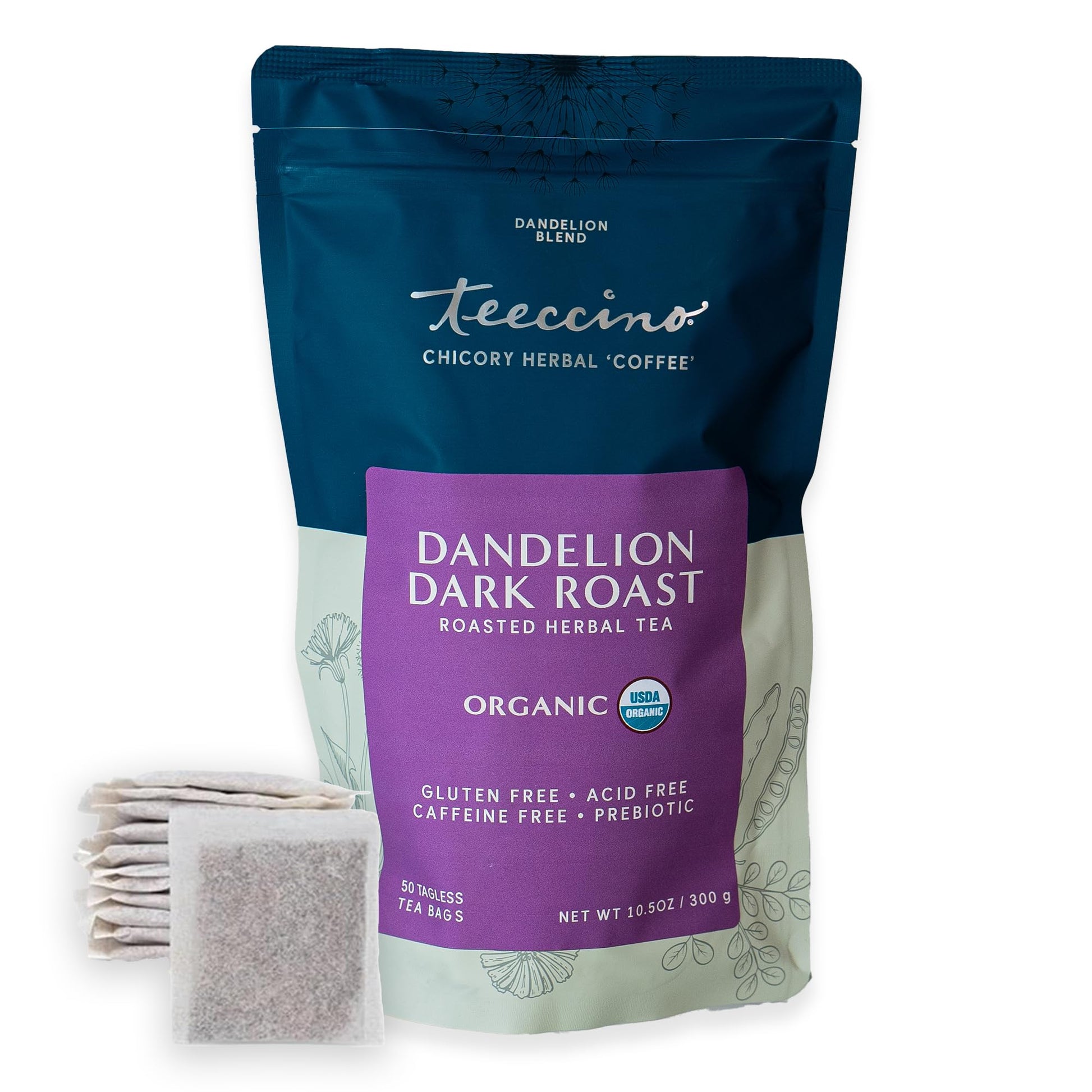 Teeccino Dandelion Herbal Tea - Dark Roast, Caffeine Free, Prebiotic, Gluten Free, 50 Tagless Eco-Friendly Tea Bags