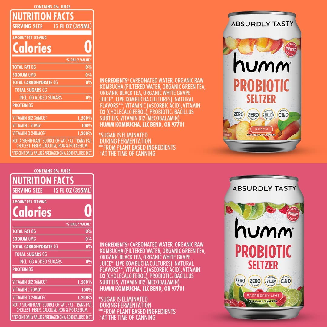 Humm Sparkling Water Variety Pack, Peach & Raspberry Lime Seltzer, Zero Sugar, Zero Calorie, Whole30 Approved Probiotic Drink, 2