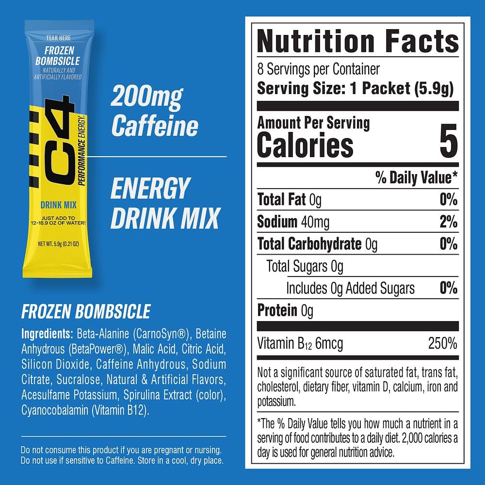Juicy Mixes C4 Performance Energy Drink Mix, Frozen  sicle, 200mg Caffeine, Zero Sugar, 2 Boxes (16 Sticks)