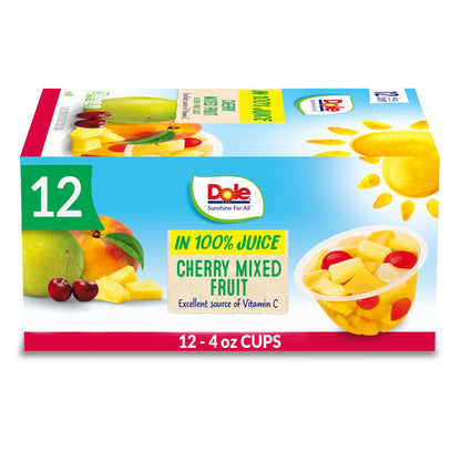 Dole Fruit Bowls Snacks Cherry Mixed Fruit in 100% Juice Snacks, 4oz 12 Total Cups, Gluten & Dairy Free, Bulk Lunch Snacks for K
