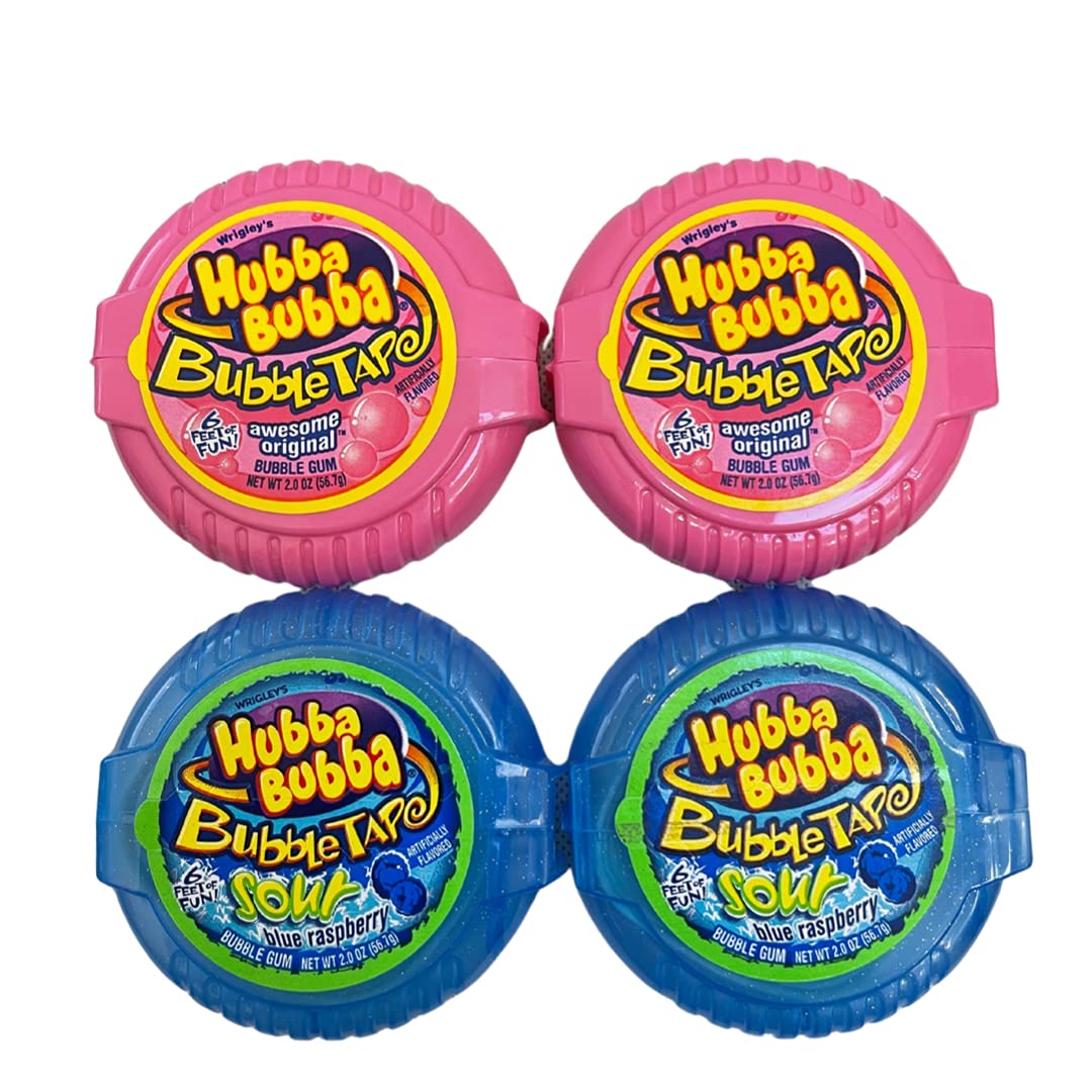 Hubba Bubba Original Bubble Tape and Hubba Bubba Sour Blue Raspberry Bubble Tape Bundle  6 Feet of gum Each Tape  2 Original Fla