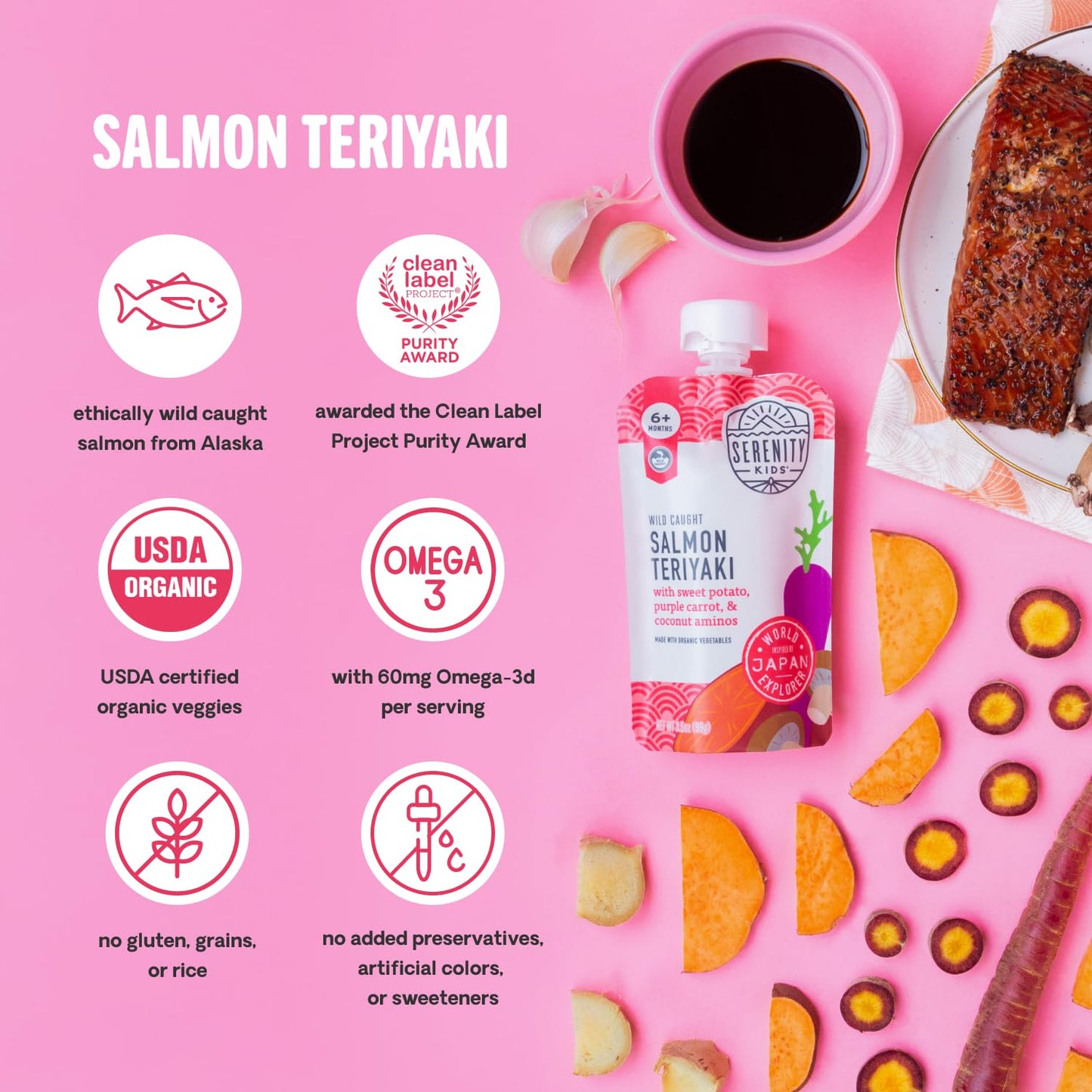 Serenity Kids + Months Baby Food Puree - Salmon Teriyaki Pouch, 3.5 Oz, Pack Of 6-5G Protein Dv Wild-Caught Salmon Snacks - Nutrient-Packed Organic Baby Food Pouches - No Sugar Added Toddler Snack