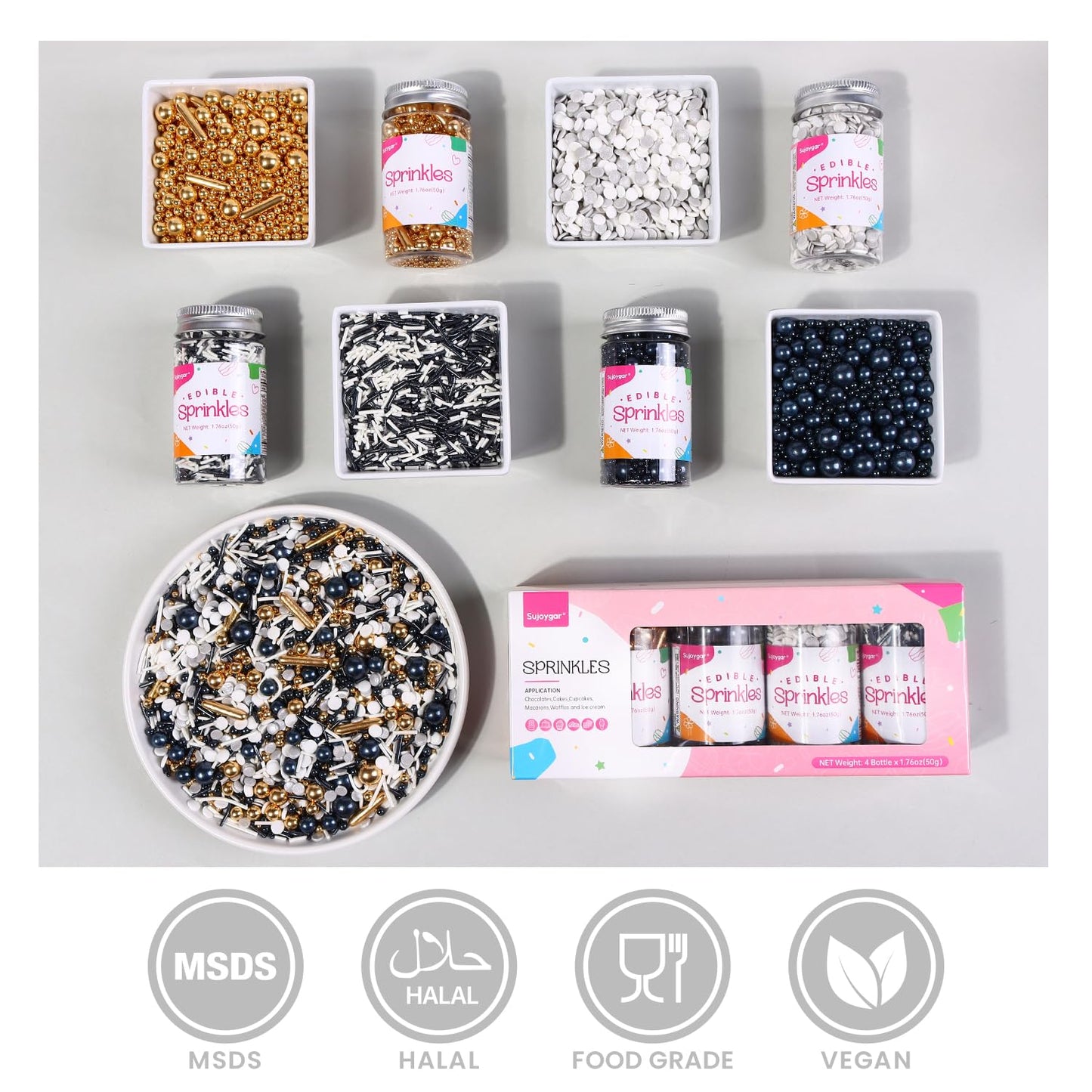 Sujoygar Black Gold And Silver Sprinkles Set, Graduation Black Sprinkles Mix For Cake Decorating Cupcake Topping Ice Cream Bakin