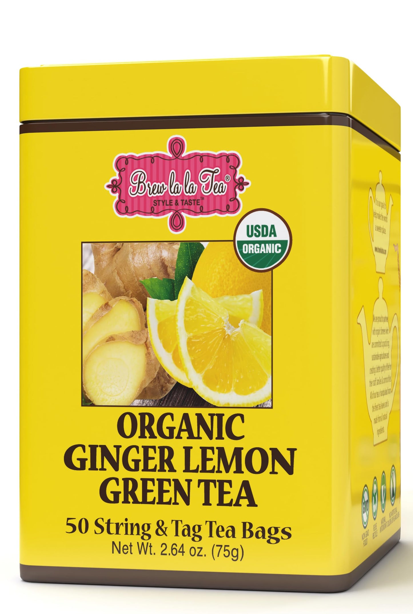 Brew La La Organic Green Tea - Ginger Lemon Flavor - 50 Tea Bags - Low Caffeine - USDA Certified Organic
