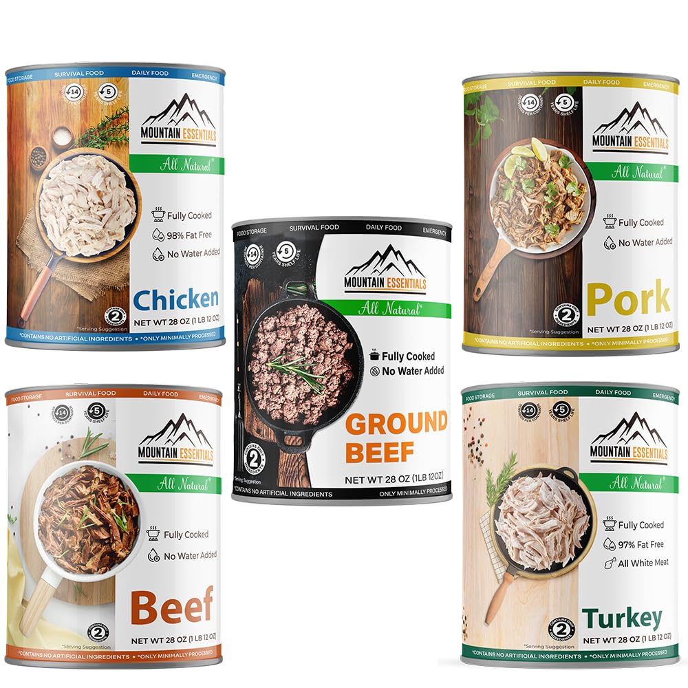 MOUNTAIN ESSENTIALS Canned Meat Sampler Pack - 5 Fully Cooked Cans of Chicken, Turkey, Pork, Beef & Ground Beef - 28 Oz Total