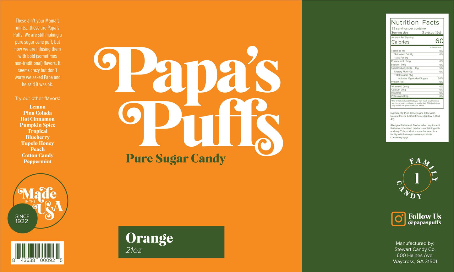 Papa'S Puffs Orange Flavored Pure Sugar Candy - Individually Wrapped In Resealable Tub - Fat-Free, Gluten-Free, Cholesterol-Free