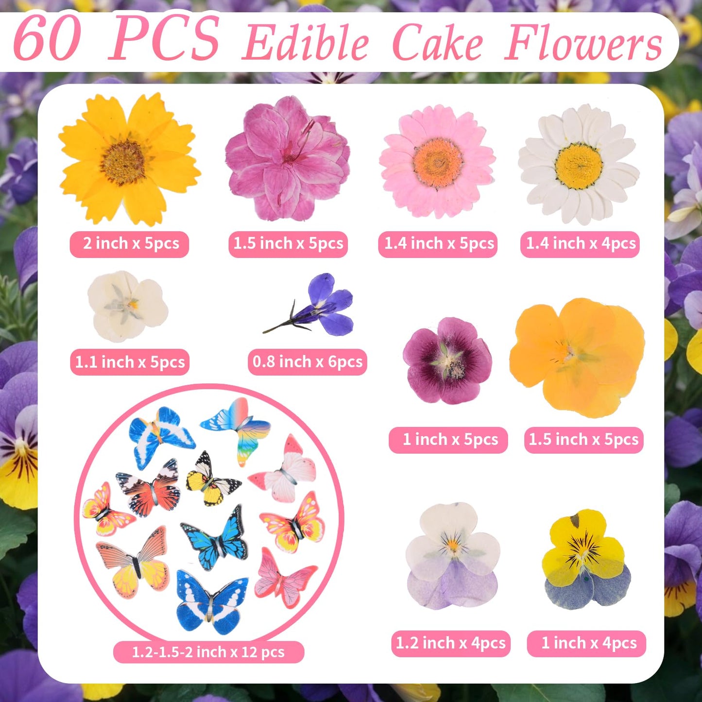 Rylenor 60 PCS Edible Cake Toppers - Dried Pressed Flowers & Wafer Butterflies, 1 inch, Colorful for Weddings & Birthdays