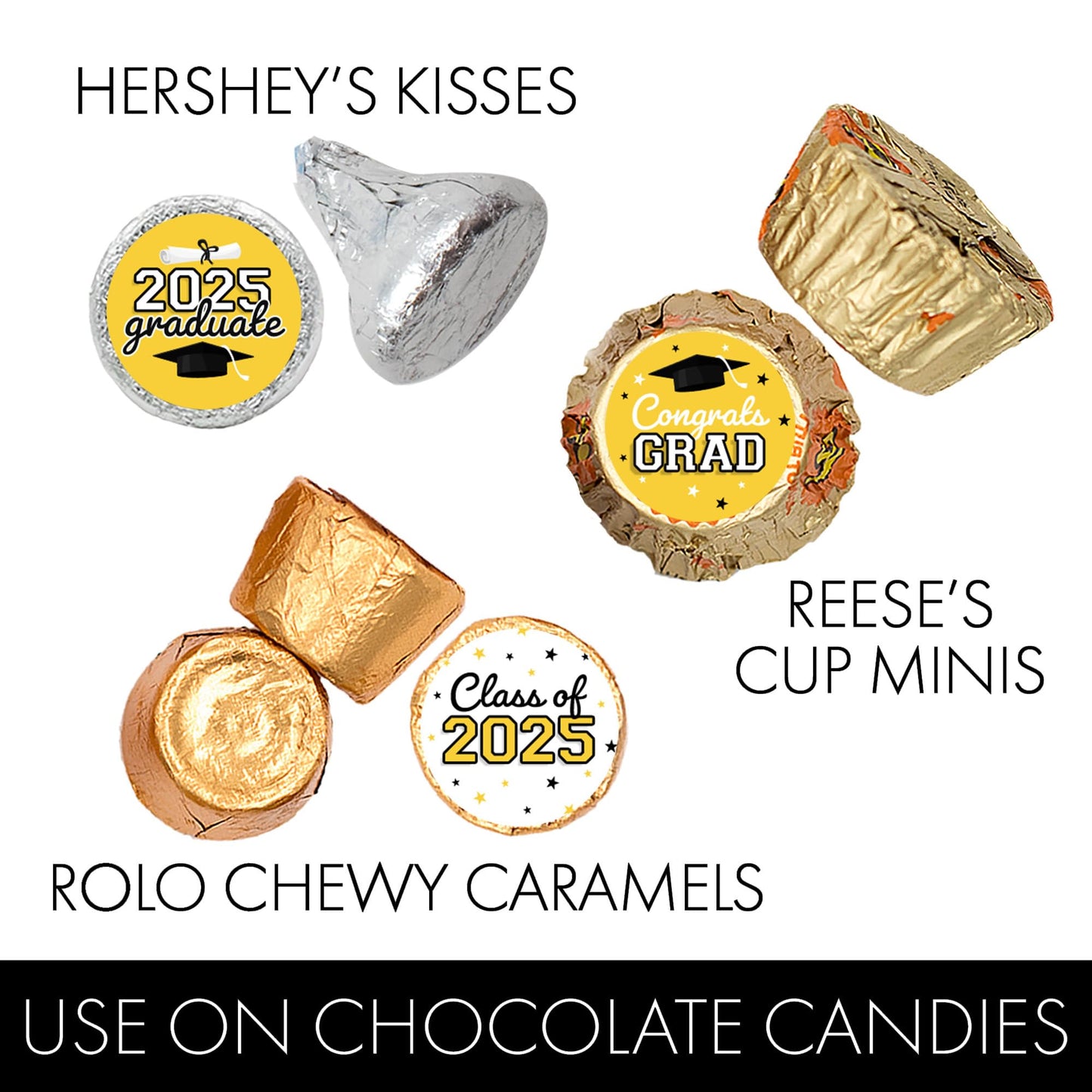 Yellow Graduation Party Stickers For Kisses Candy, Chocolate Drops, 2025 Grad Party Favors - 180 Count