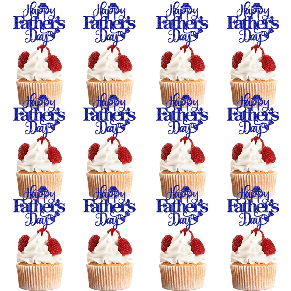 Keoysek 12pcs Happy Father's Day Cake Toppers Glitter Cupcake Topper Blue Cake Decoration for Father's Day Party Supplies Dad Ca