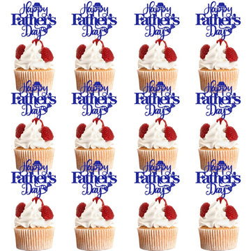 Keoysek 12pcs Happy Father's Day Cake Toppers Glitter Cupcake Topper Blue Cake Decoration for Father's Day Party Supplies Dad Ca