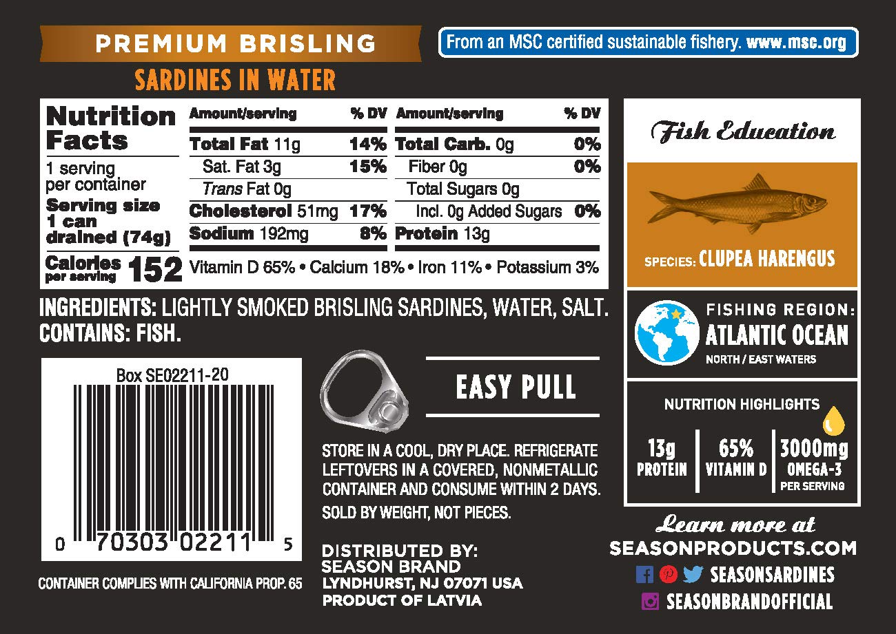 SEASON Sardines in Water, Wild Caught, 13g Protein, Keto Snacks, 3.75 Oz Tins, 6-Pack