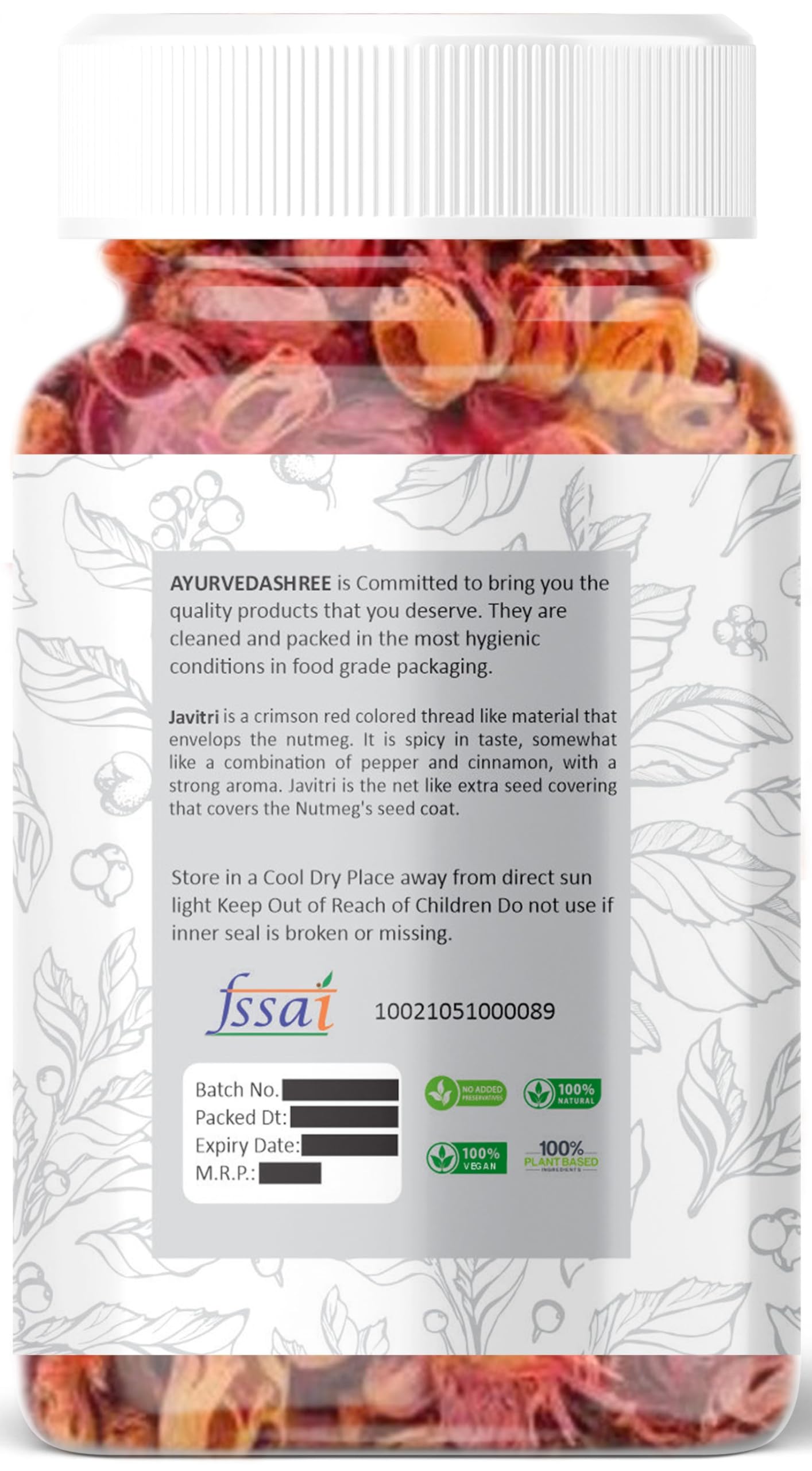 AYURVEDASHREE Mace Whole (Javathri), Spice 50g PET Jar ~ All Natural | Vegan | NON-GMO | Indian Origin | Javitri.