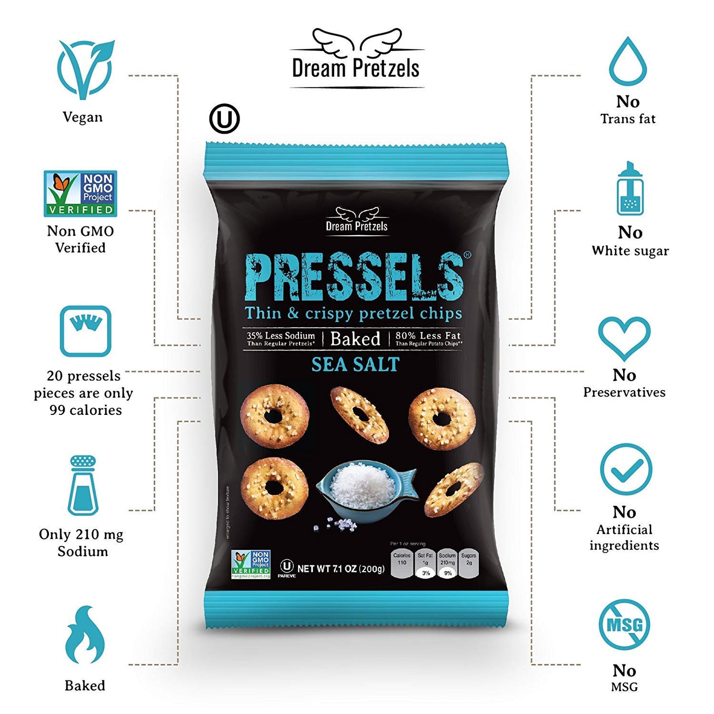 Dream Pretzels Pressels Baked Pretzel Chips, Sea Salt Seasoned, Mini Thin Crisps, Gourmet Snack Bites, Vegan, Low Sodium, Pack o
