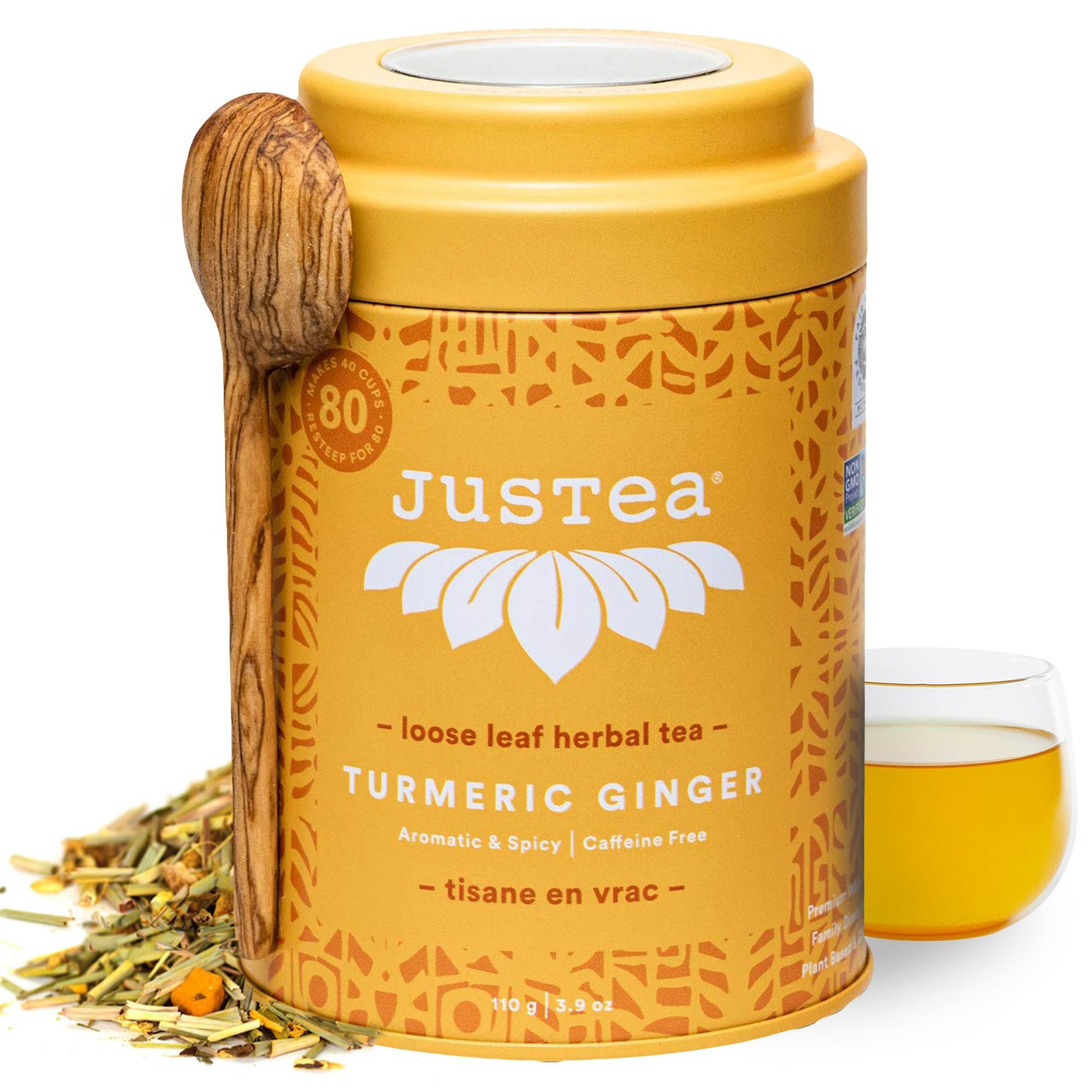 JusTea Turmeric Ginger Loose Leaf Herbal Tea, 110g, Caffeine Free, Non-GMO, Fair Trade, Includes Hand Carved Spoon