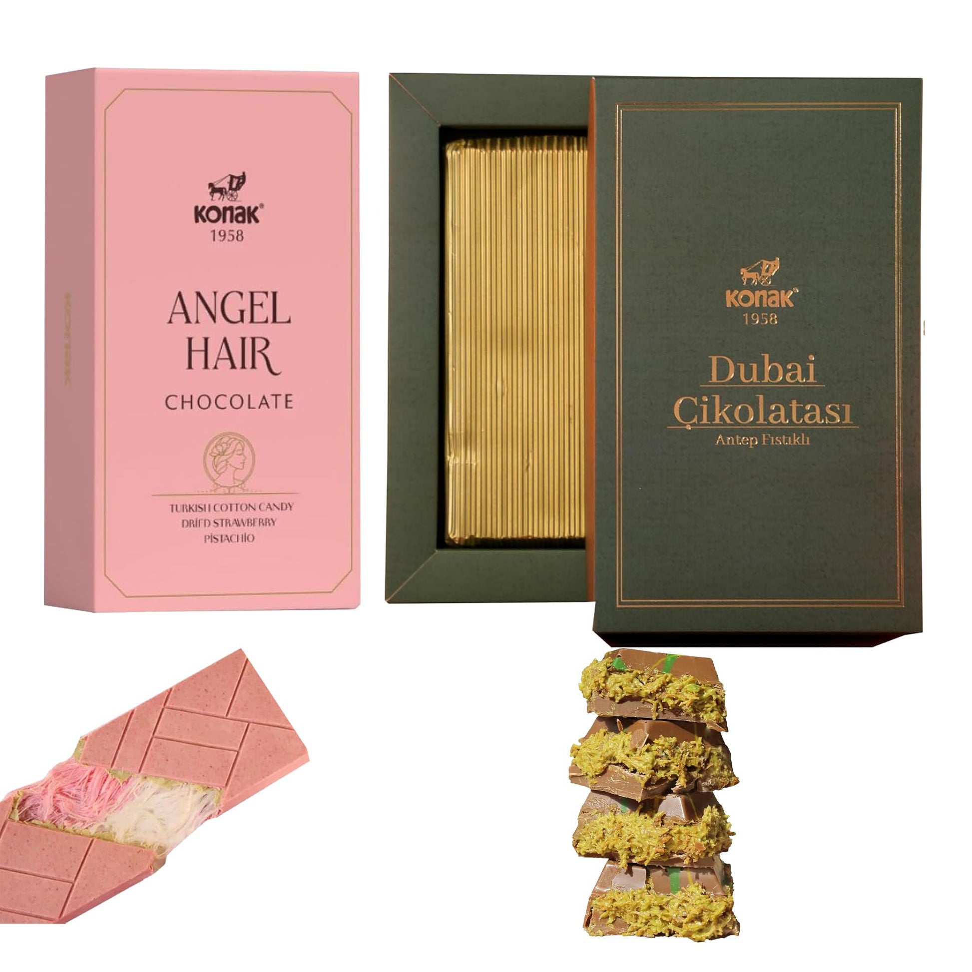 Generic Angel Hair & Dubai Chocolate Gift Box - Kunafa Pistachio 200g + Chocolate Cotton Candy Bar 170g - Luxury Assorted Sweets