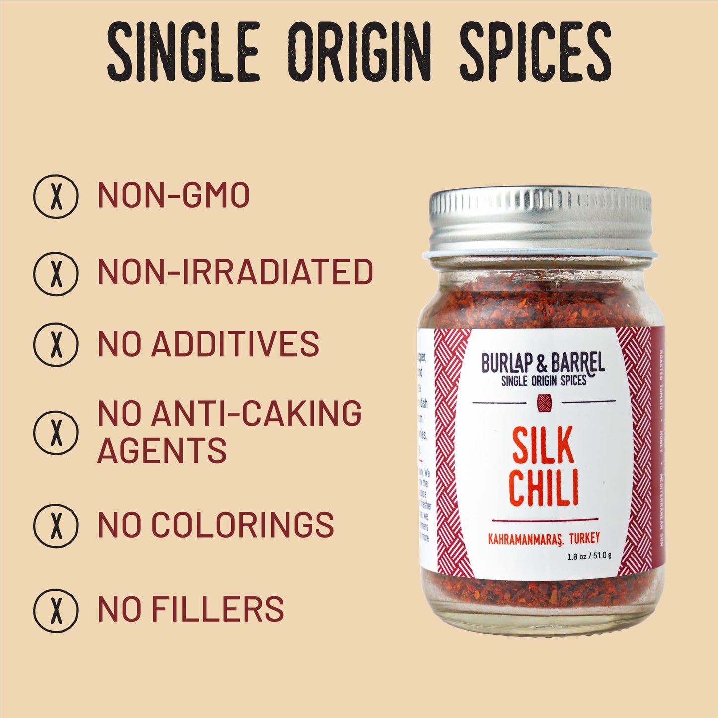 Burlap & Barrel Silk Chili Flakes - Mildly Spicy Aleppo Pepper - 1.8oz Glass Jar