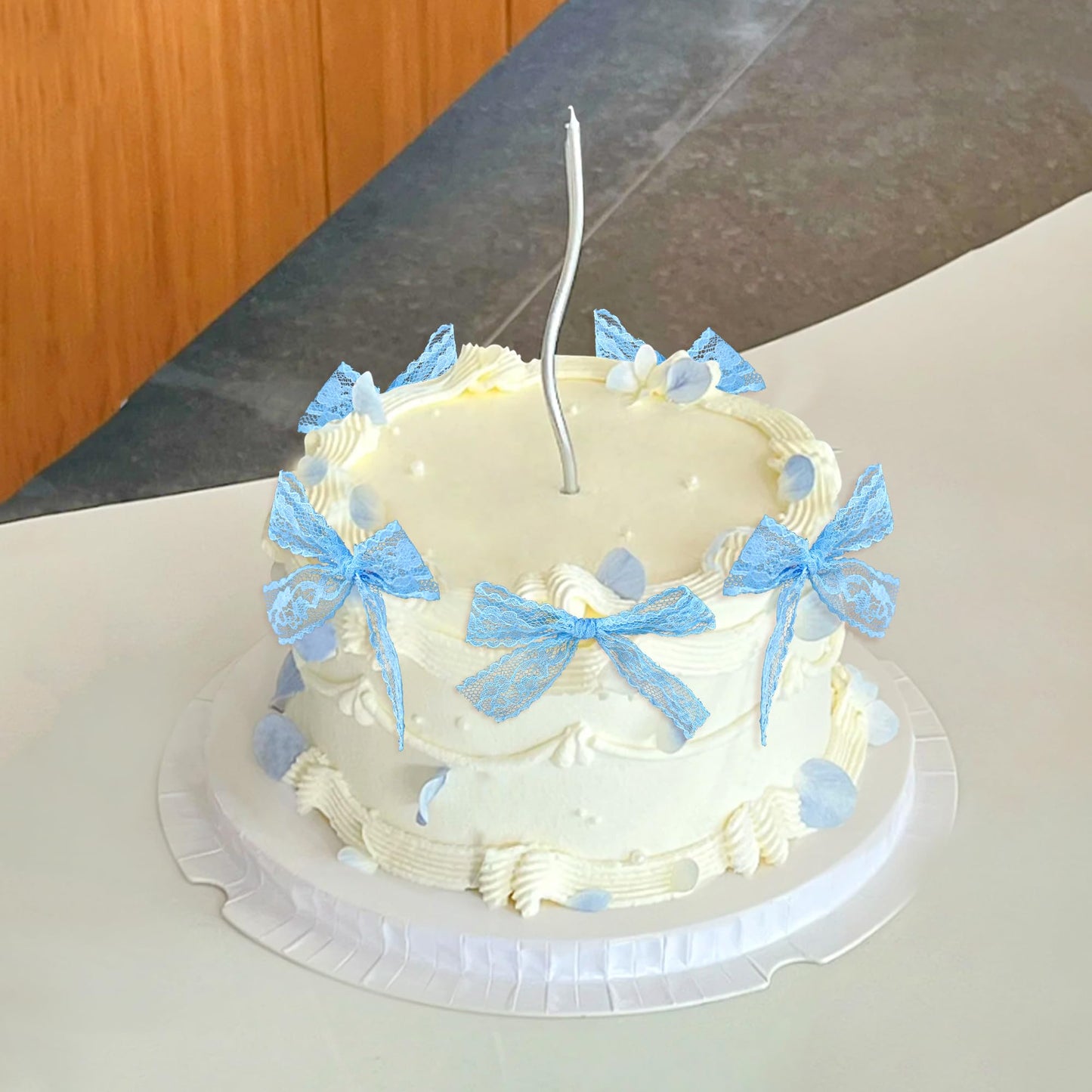 Cyodoos 24Pcs Blue Bow Cupcake Toppers Lace Bowknot Cupcake Toppers Cake Dessert Picks Decoration For Bridal Shower Bachelorette