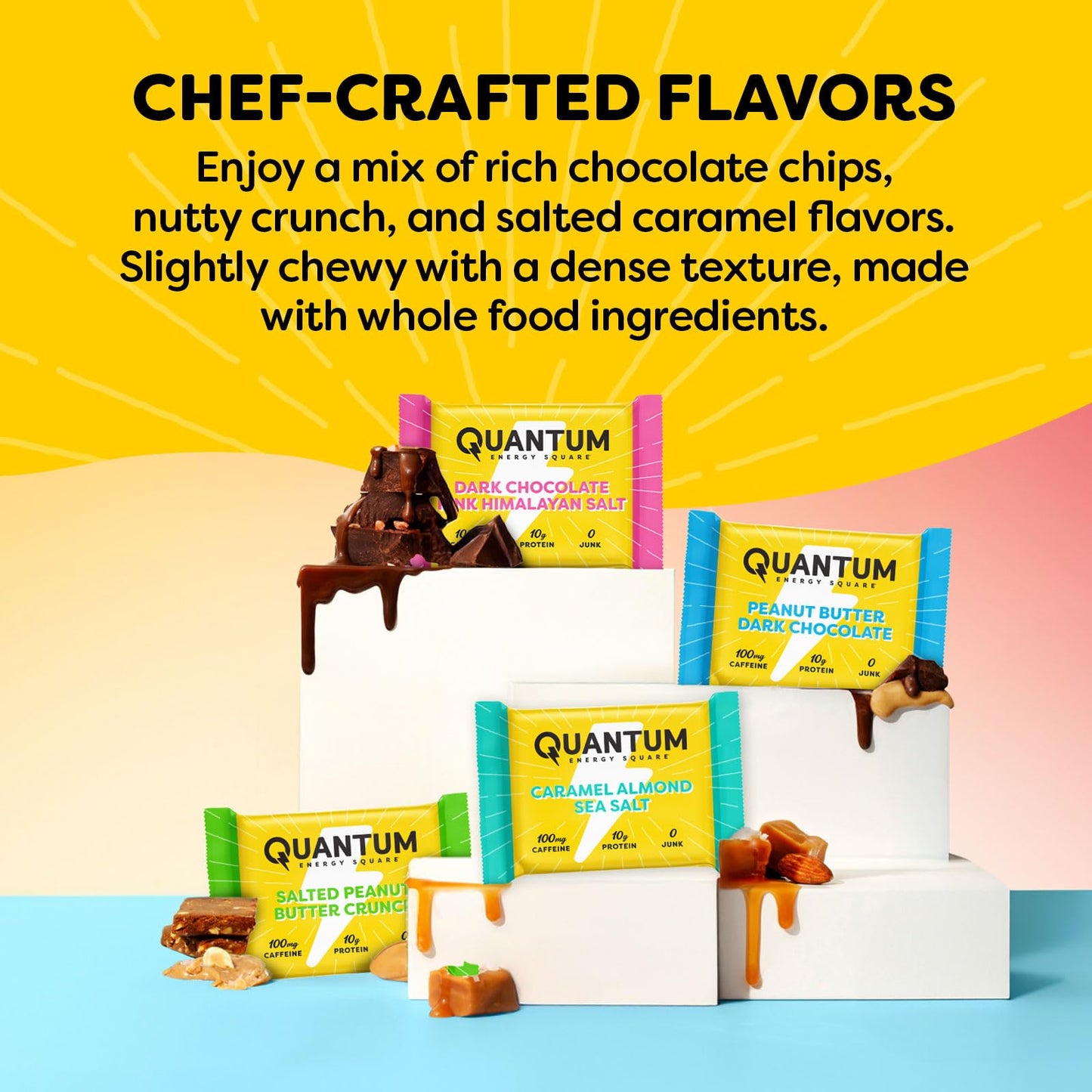 Quantum Energy Square: Energy Bar With Caffeine & 10G Protein. Delicious Healthy Snack On The Go. (Vegan, Gluten-Free, Soy-Free, Dairy-Free) (Variety 8-Pack)
