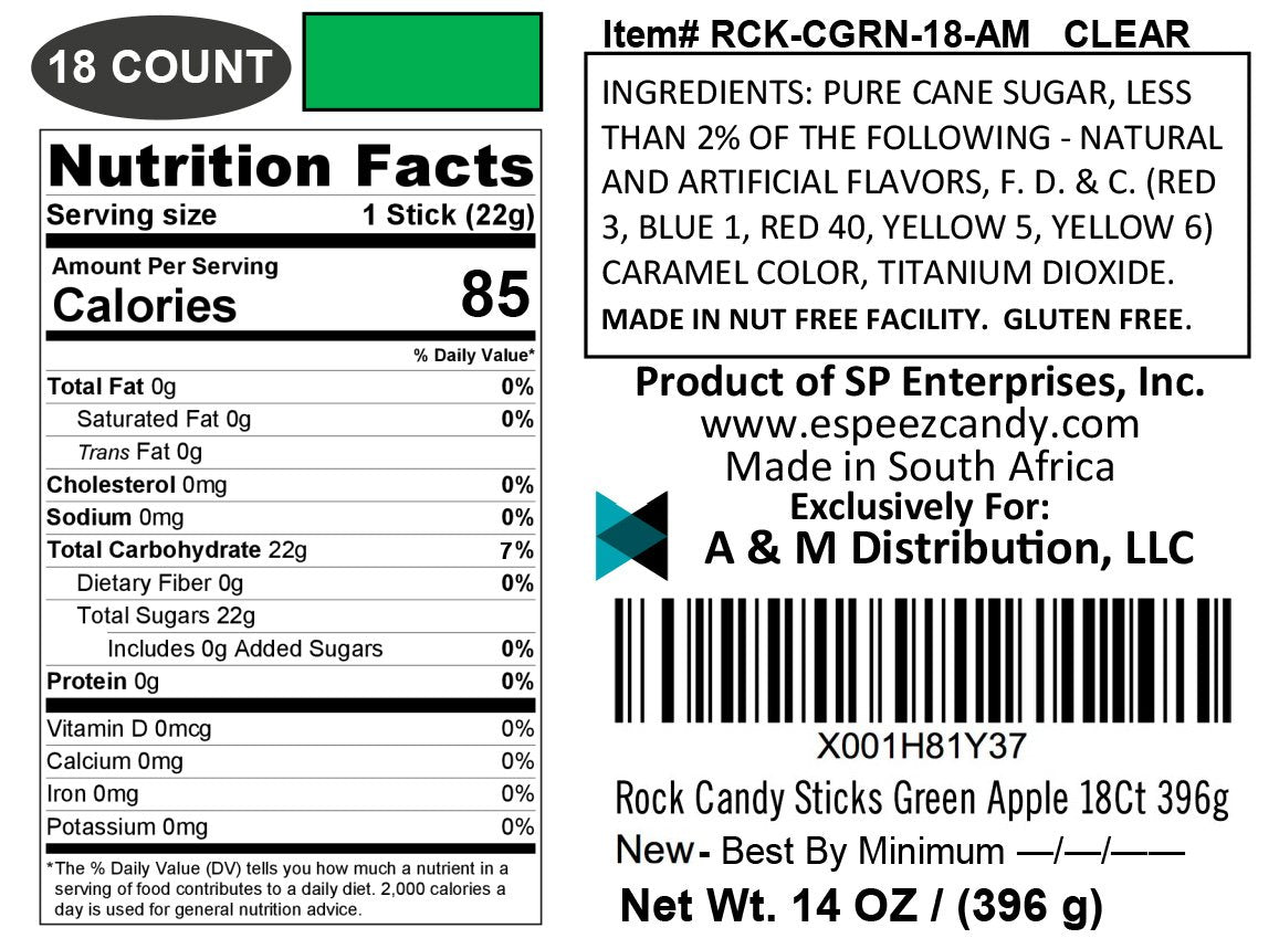 Espeez Rock Candy Sticks - 18 Count Watermelon, Light Green, Individually Wrapped Party Favors