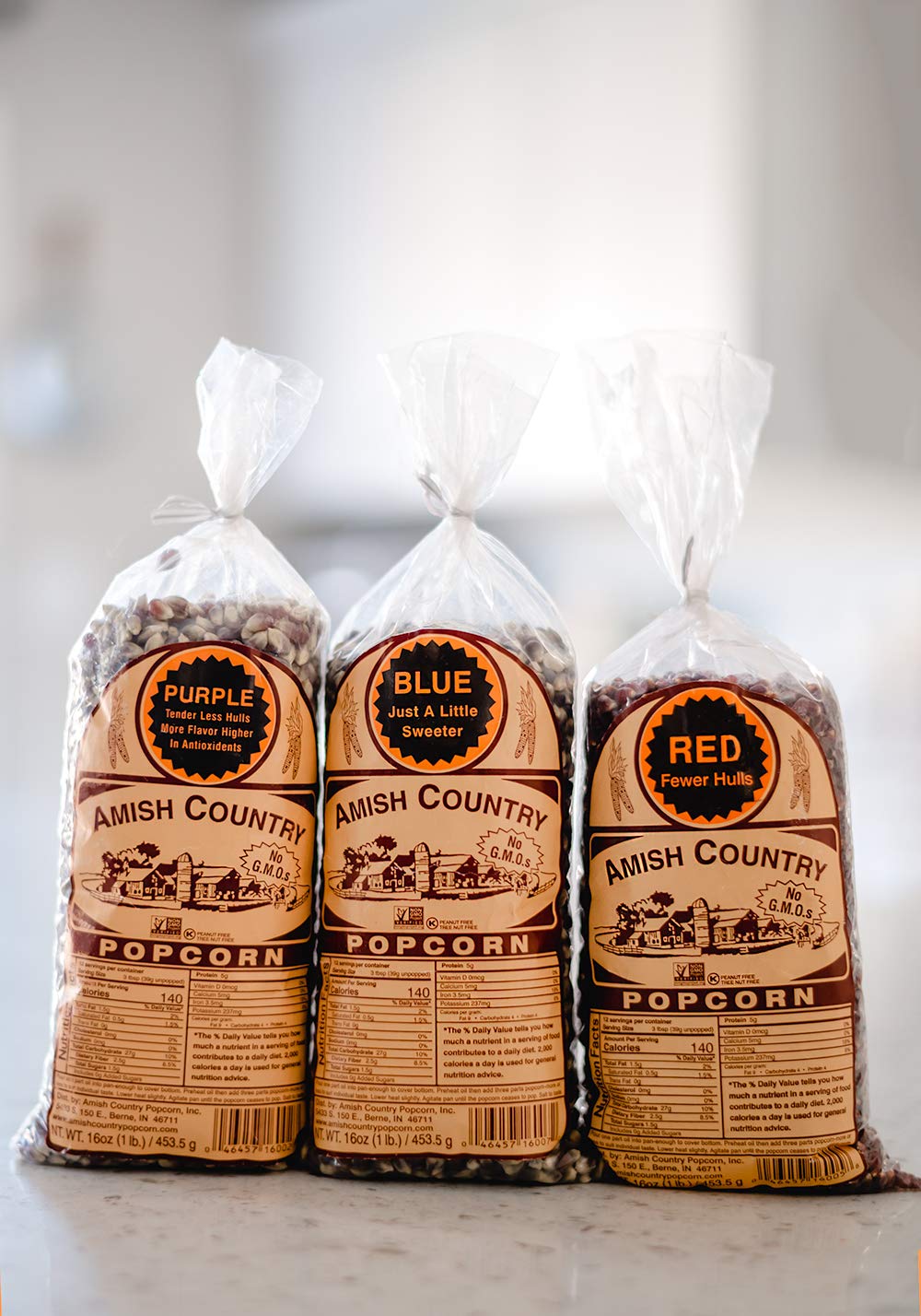 Amish Country Popcorn | 3-1 lb Bags | Purple, Red and Blue Popcorn Kernels | Old Fashioned, Non-GMO and Gluten Free (3-1 lb Bags