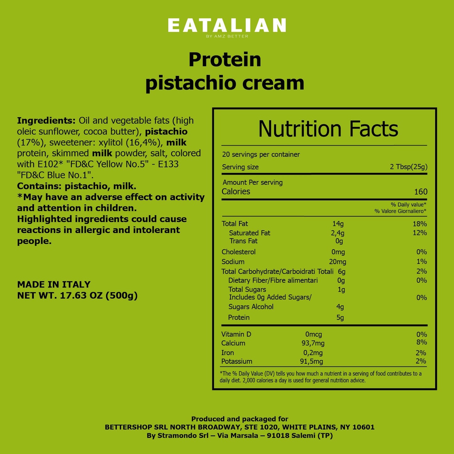 Eatalian By Amz Better Protein Cream, 17.63 Oz/ 500 Gr, Pistachio Paste With 94 G Of Proteins, Made In Italy, Sweet And Unique,