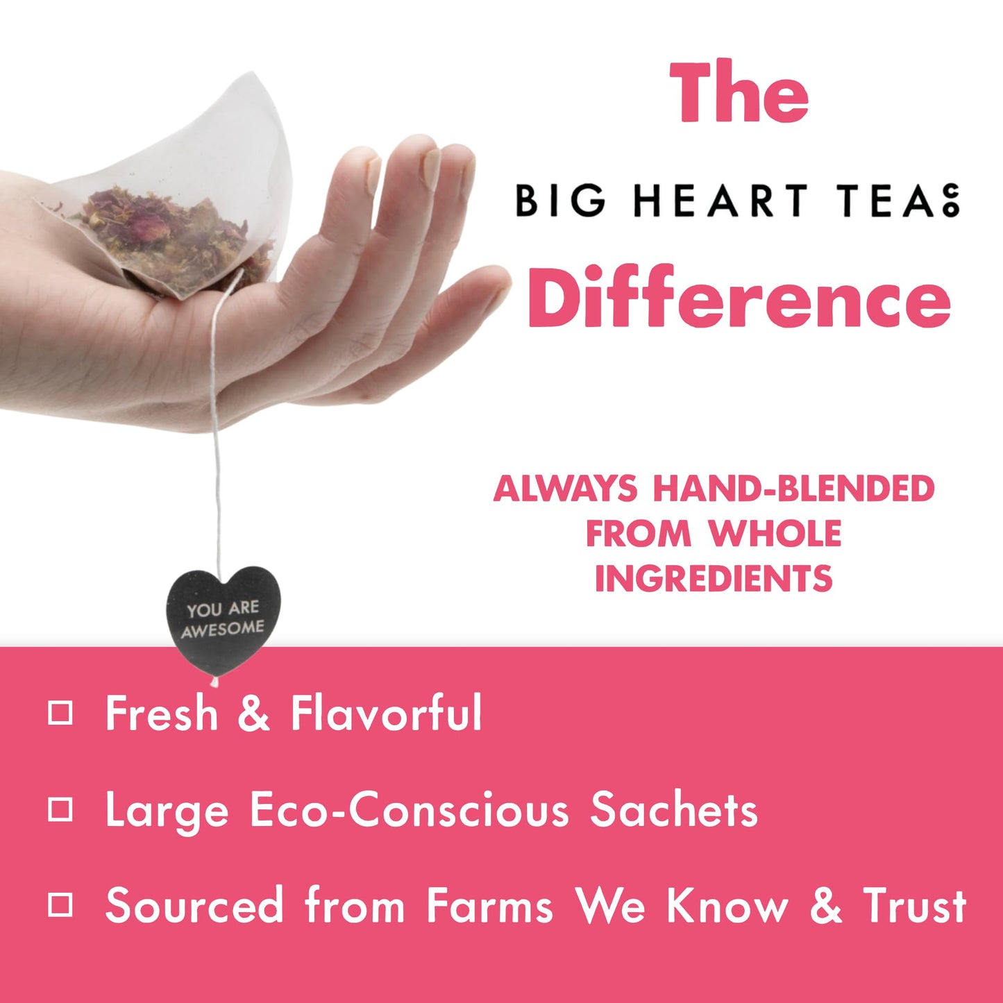 Big Heart Tea Co. Tea Bags - Blushing Pink Hibiscus - Certified Organic, Naturally Sweet Ayurvedic Herbal Decaf Tea With Small B