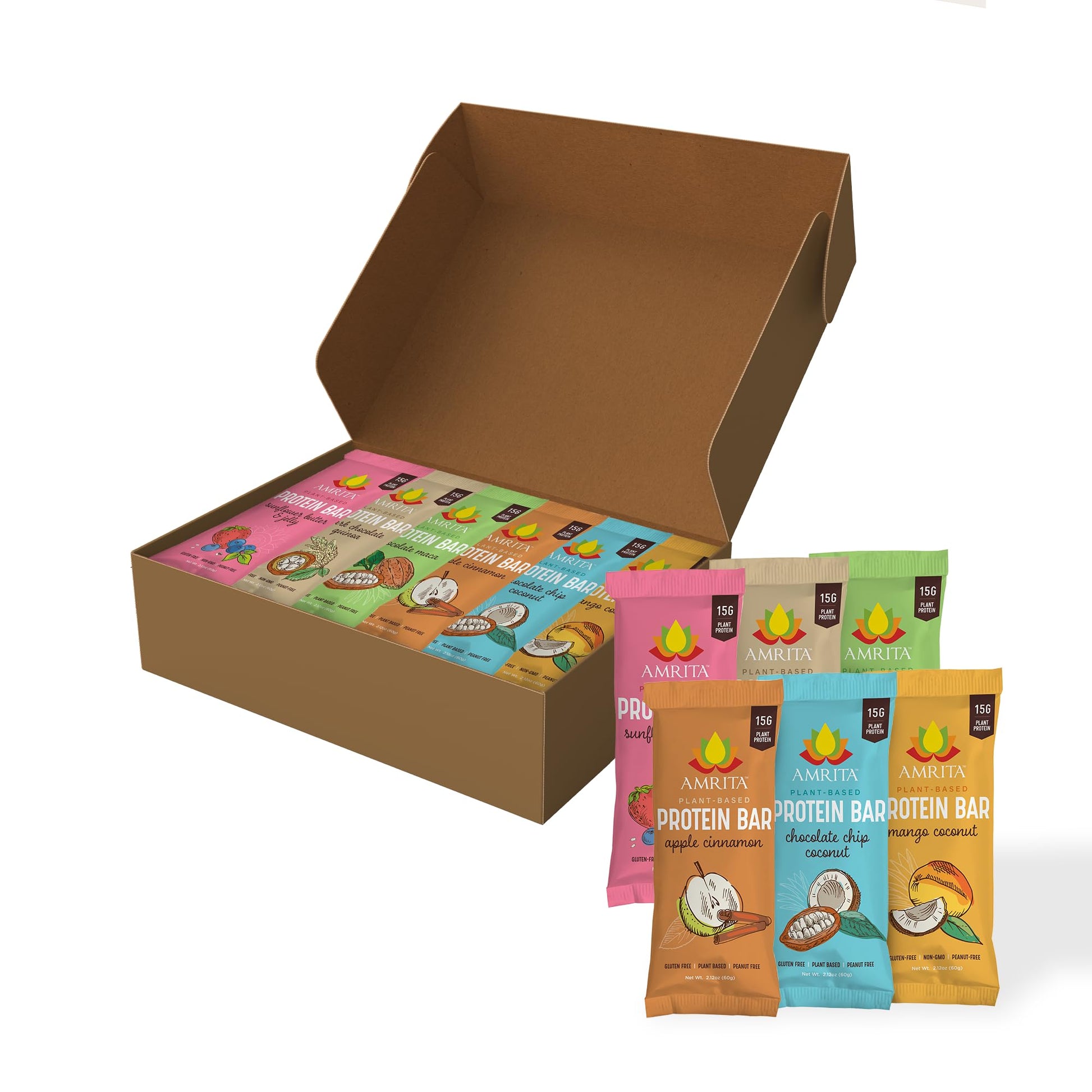 Amrita Vegan High Protein Bars Sampler Pack, 7 Flavors, Gluten Free, 15g Protein, 7 Count