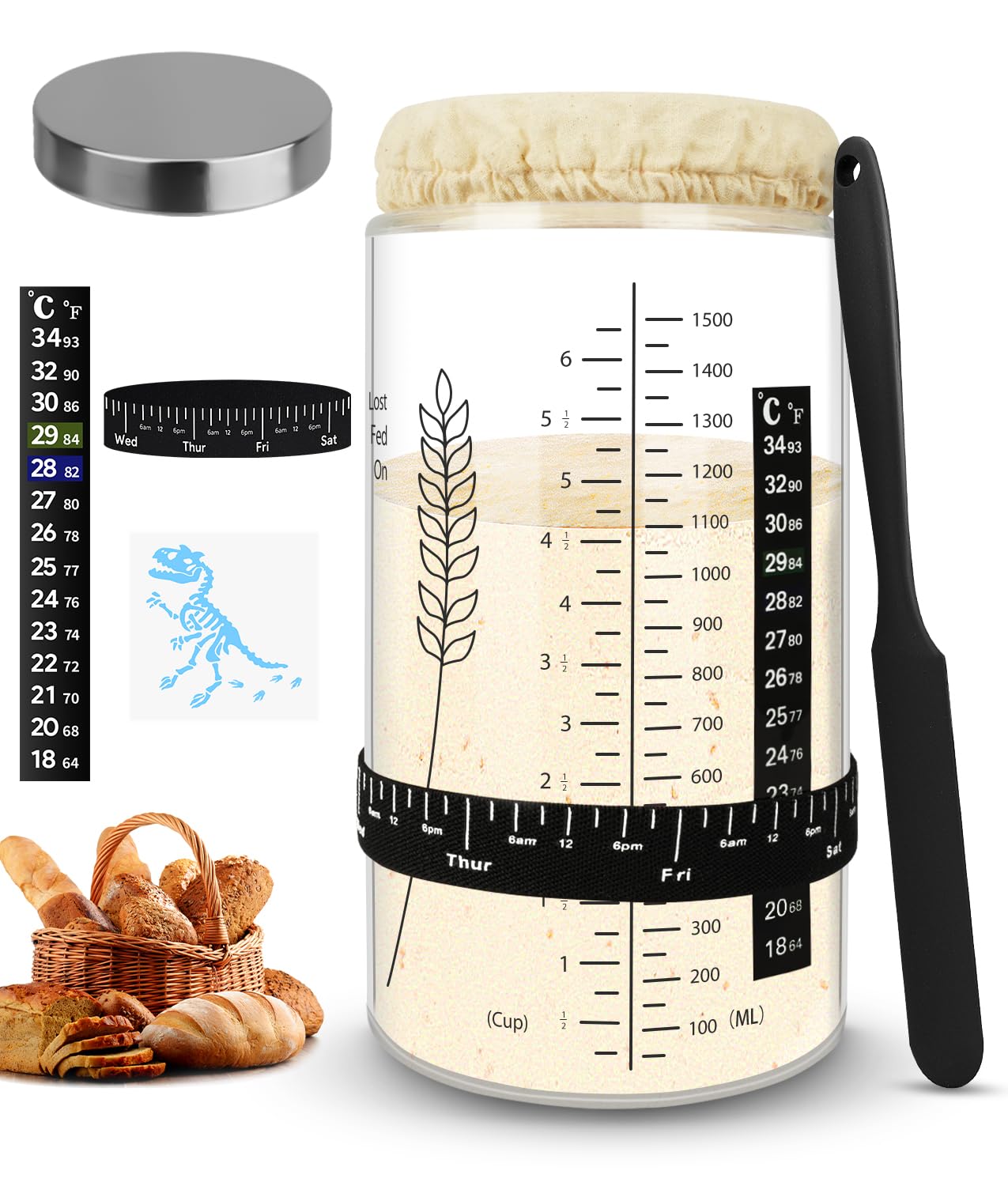 Keafont Sourdough Starter Jar Kit, 50oz Wide Mouth, Black, 1 Pack (Model: KF-GLASS-BK)