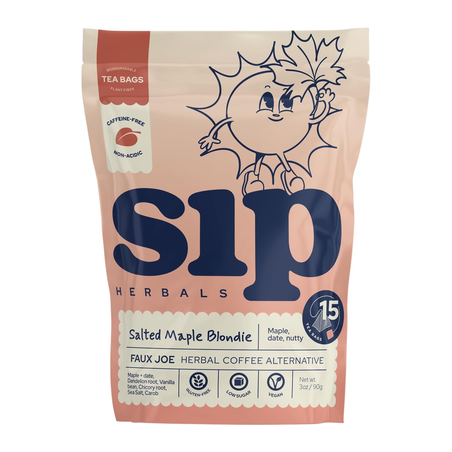 Sip Herbals Herbal Coffee Alternative - Caffeine Free, Salted Maple Blondie Roast, 15 Servings
