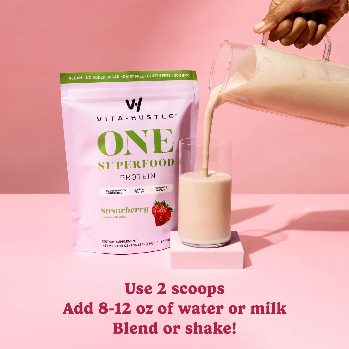 VitaHustle All-in-One Nutrition Shake, Strawberry Flavor, Vegan Protein Powder with 86+ Superfoods, Plant-Based Meal Replacement