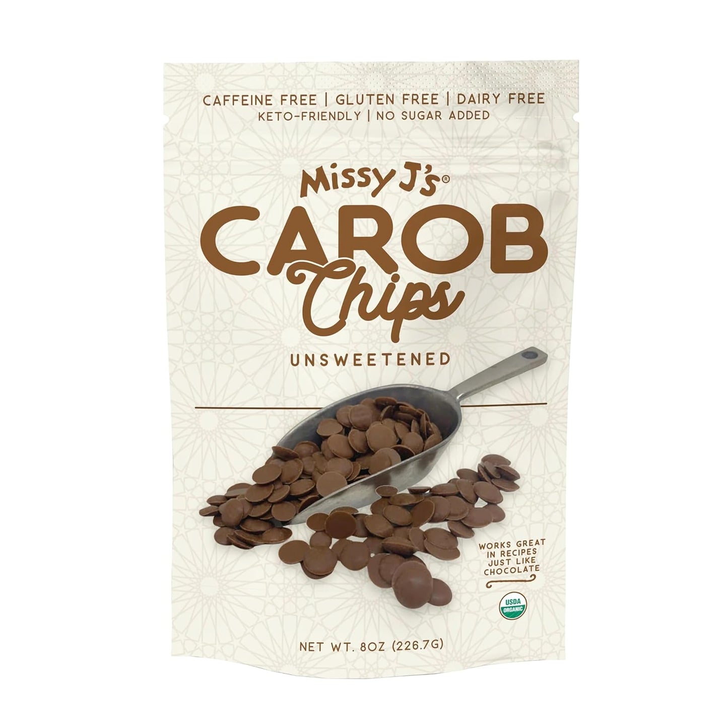 Missy Js Organic Unsweetened Carob Chips, Vegan, Gluten-Free, 8 Oz, Chocolate Flavor